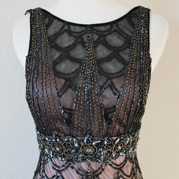 NEW Sue Wong 1920s Gatsby Art Deco Black Rose Beaded & Sequined Cocktail Dress 0 - Picture 7 of 12